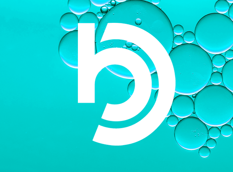 Biovector logo, a blue letter b on a seafoam background showcasing our branding work.