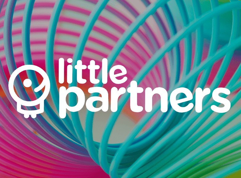 The "Little Partners" logo, on a rainbow slinky background showcasing our social media and sales work.