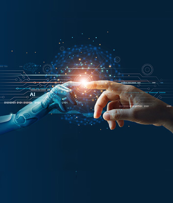 a human hand touching a cyborg hand representing AI in digital marketing